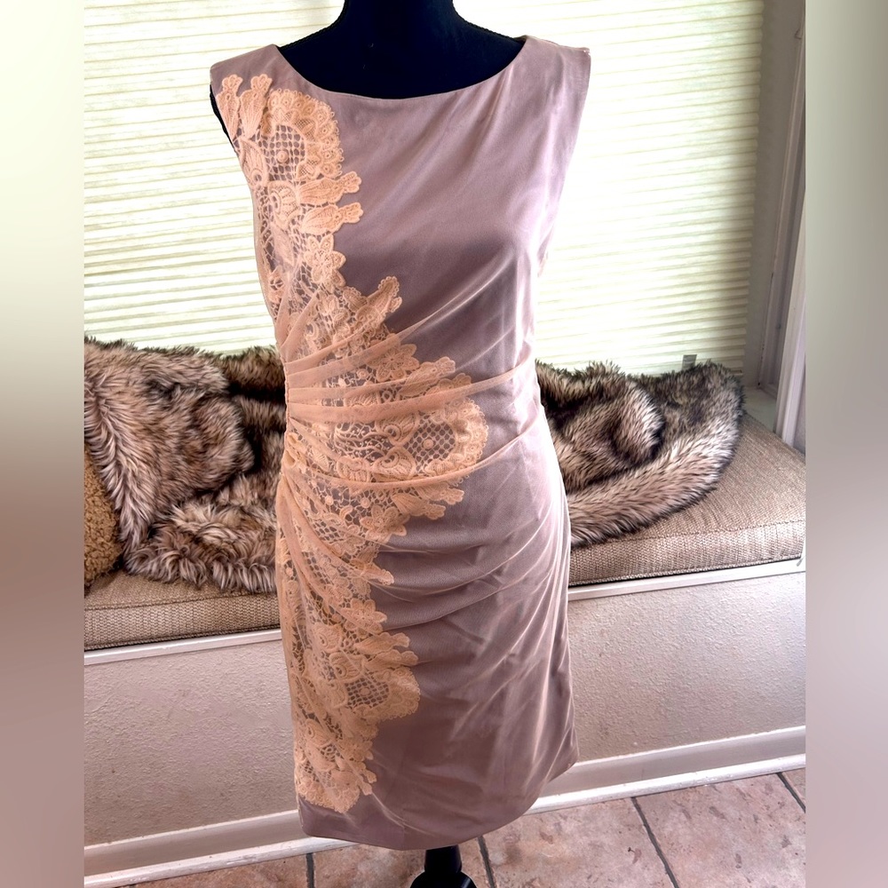 Catherine Malandrino Champagne Color Cocktail Dress (Embroidered/Tulle Overlay)